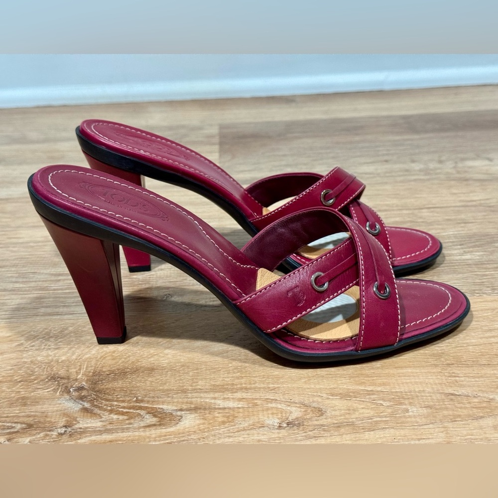 Tod's Ritz Cris Cros Burgundy Leather Sandal Size 9.5
